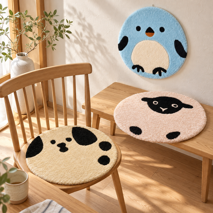 おすわりフレンズの使用イメージ｜いぬ・ひつじ・幸せの鳥。家具・小物は付属しません。