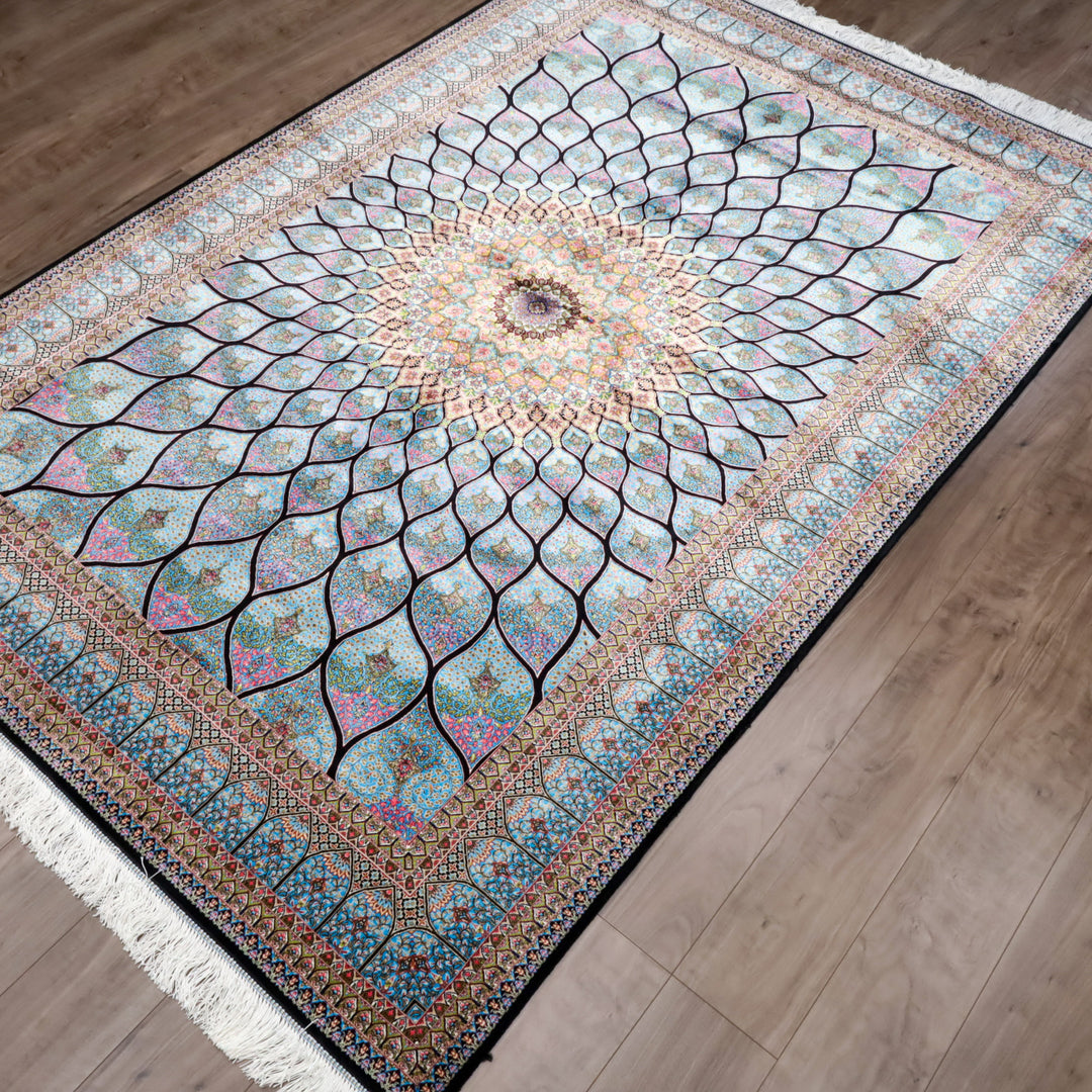 LUMINA モダールアートコレクション｜ゴンバド・羽根文様 ターコイズ×ピンク｜224×150cm（S-13313）