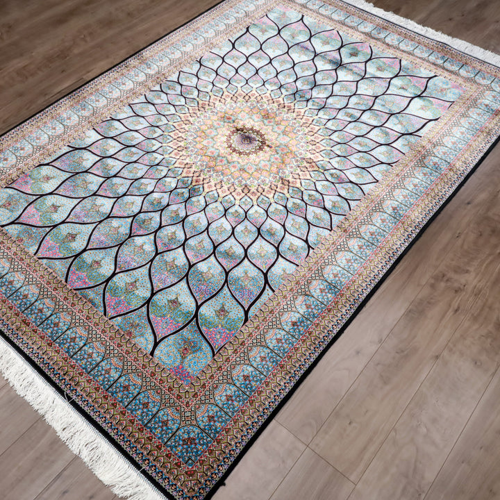 LUMINA モダールアートコレクション｜ゴンバド・羽根文様 ターコイズ×ピンク｜224×150cm（S-13313）