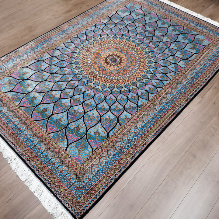 LUMINA モダールアートコレクション｜ゴンバド・羽根文様 ターコイズ×ピンク｜224×150cm（S-13313）