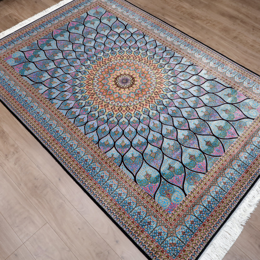 LUMINA モダールアートコレクション｜ゴンバド・羽根文様 ターコイズ×ピンク｜224×150cm（S-13313）