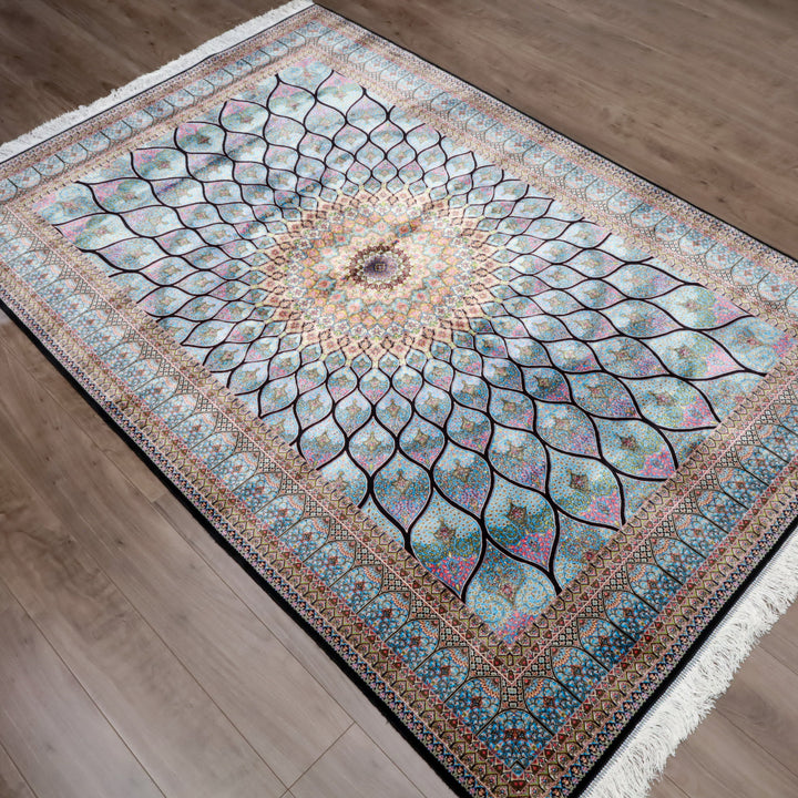 LUMINA モダールアートコレクション｜ゴンバド・羽根文様 ターコイズ×ピンク｜224×150cm（S-13313）