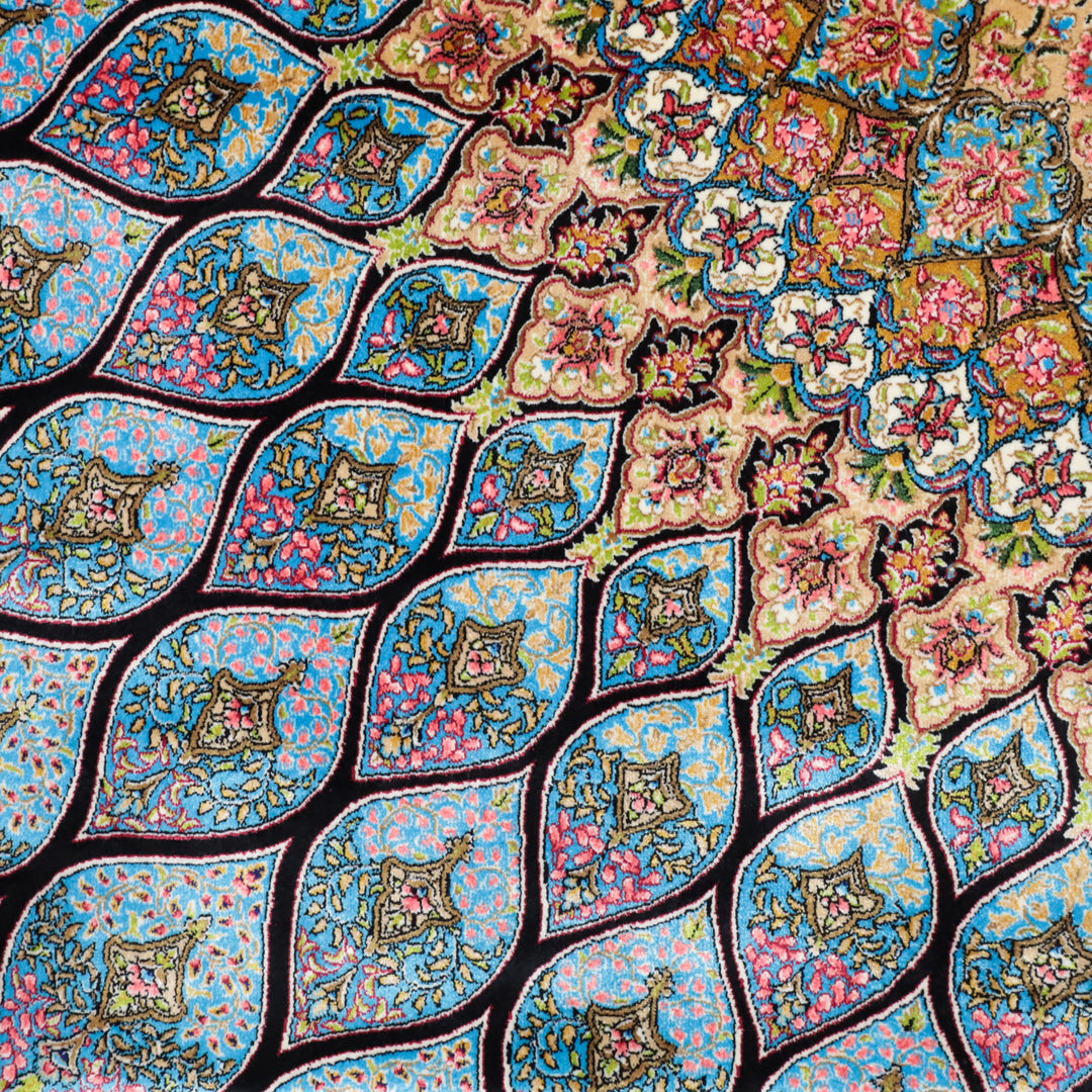LUMINA モダールアートコレクション｜ゴンバド・羽根文様 ターコイズ×ピンク｜224×150cm（S-13313）