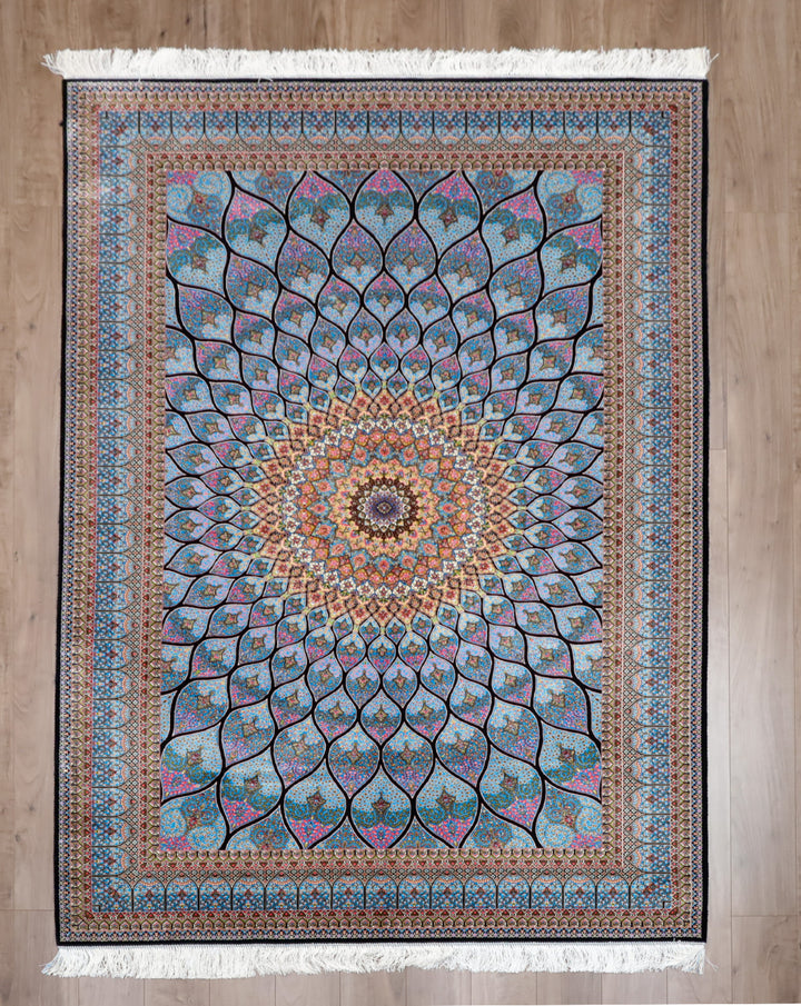 LUMINA モダールアートコレクション｜ゴンバド・羽根文様 ターコイズ×ピンク｜224×150cm（S-13313）