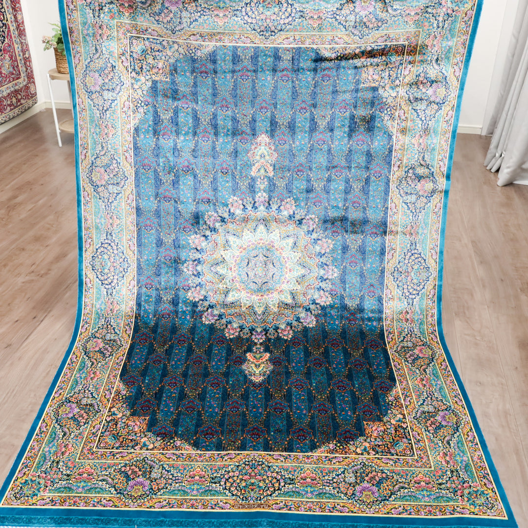 LUMINA モダールアートコレクション｜アーチ・花メダリオン柄 ターコイズ×ピンク｜230×150cm（S-13317）