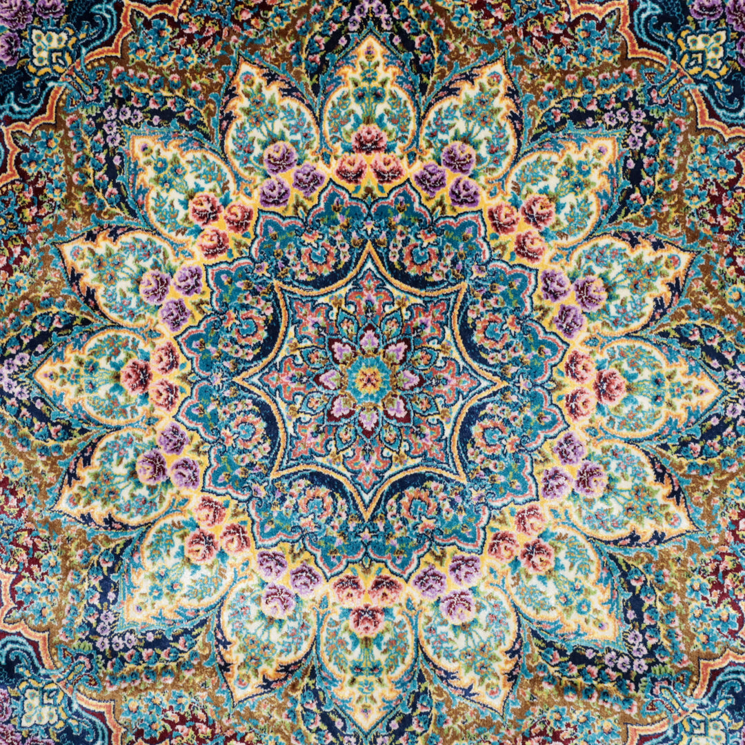 LUMINA モダールアートコレクション｜アーチ・花メダリオン柄 ターコイズ×ピンク｜230×150cm（S-13317）