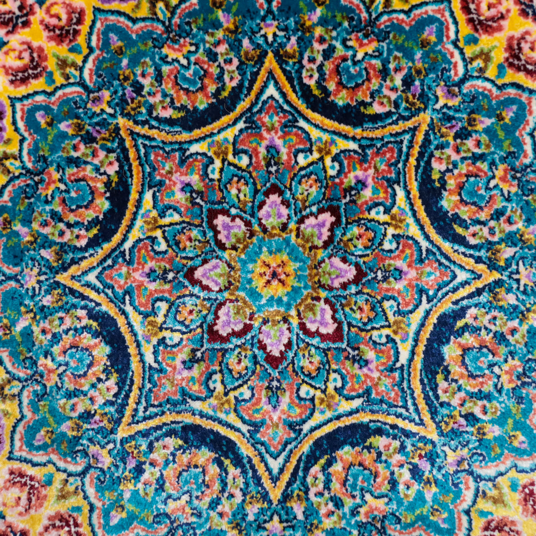 LUMINA モダールアートコレクション｜アーチ・花メダリオン柄 ターコイズ×ピンク｜230×150cm（S-13317）