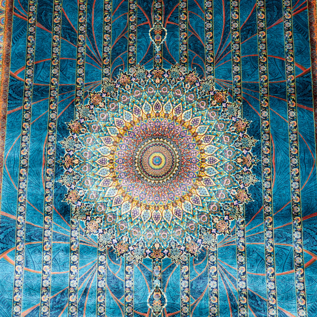 LUMINA モダールアートコレクション｜ゴンバド・羽根文様 ターコイズ×パープル｜230×148cm（S-13319）