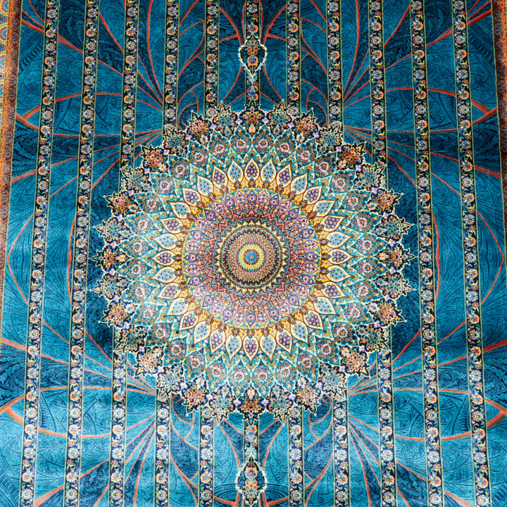 LUMINA モダールアートコレクション｜ゴンバド・羽根文様 ターコイズ×パープル｜230×148cm（S-13319）