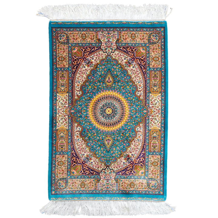 LUMINA モダールアートコレクション｜放射メダリオン柄 ターコイズ×イエロー｜86×57cm（S-13347）