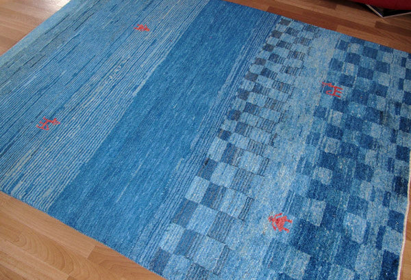 ゾランヴァリ,ギャッベ,196×150cm｜ペルシャ手織りラグ,青,チェック
